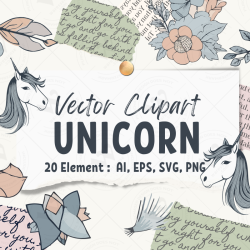 Minimalist Unicorn Clipart Pack, 20 Cute Vector Unicorns, PNG 300 DPI, SVG, AI, EPS Source Files Instant Download