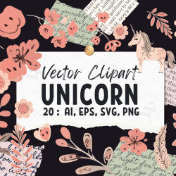 Minimalist Unicorn Clipart Pack, 20 Cute Vector Unicorns, PNG 300 DPI, SVG, AI, EPS Source Files Instant Download