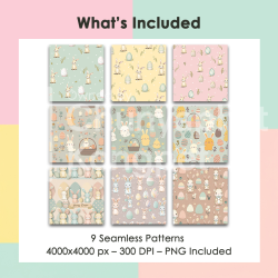 Happy Easter Seamless Pattern Set – 9 Pastel Digital Papers – Cute Bunny & Egg Patterns – 4000x4000 px, 300 DPI, PNG