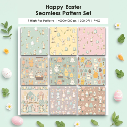 Happy Easter Seamless Pattern Set – 9 Pastel Digital Papers – Cute Bunny & Egg Patterns – 4000x4000 px, 300 DPI, PNG