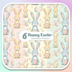 Happy Easter Seamless Pattern Set – 6 Pastel Digital Papers – Cute Bunny & Egg Patterns – 4000x4000 px, 300 DPI, PNG