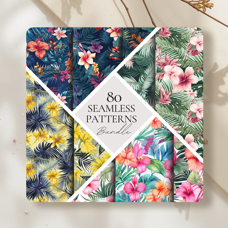 80 Tropical Floral Seamless Patterns Digital Paper Bundle 20 Sets JPG Files