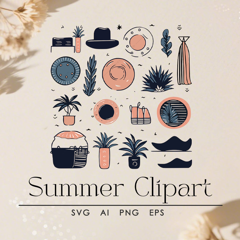 18 Hand-drawn blush and blue, simple line of summer clipart set
