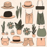 Hand-drawn blush and green, simple line of summer and cactus vector set