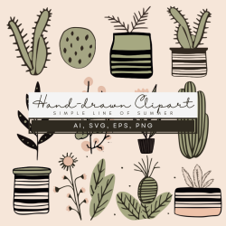 Hand-drawn blush and green, simple line of summer and cactus vector set