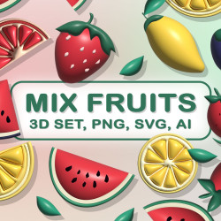 3D Mix Fruits, Elements Set PNG, SVG, AI